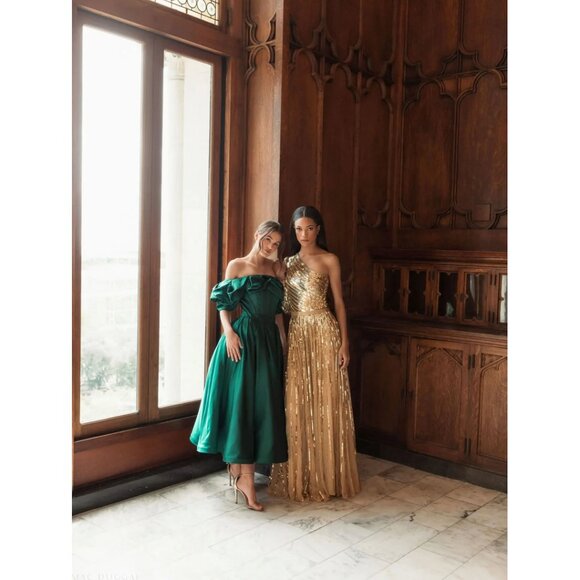 MAC DUGGAL Ruffle Off the Shoulder Satin Midi Cocktail Dress in Emerald US 10 - Picture 2 of 11